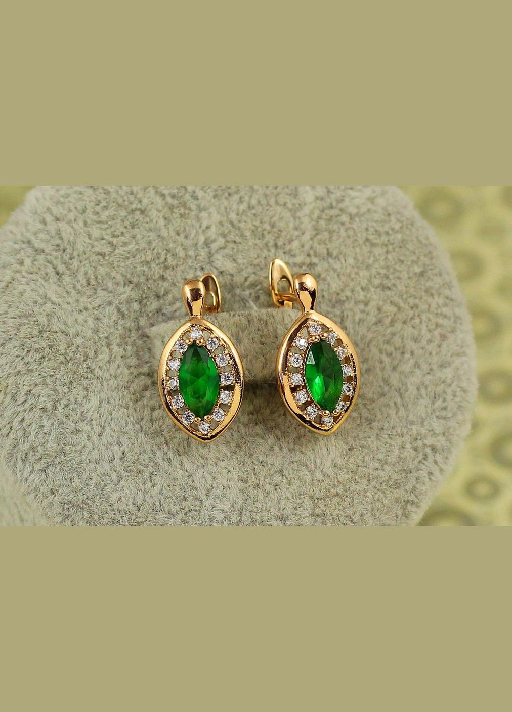 Сережки маркіз із зеленим каменем в обідку 1,7 см золотисті Xuping Jewelry (337169290)