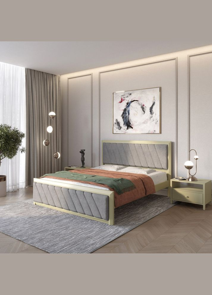 Односпальне дерев'яне ліжко Барселона Б6 (RAL1020)/Аляска 93 (Сірий) 90х190 см (MBG-14402) Mebigrand (366085022)