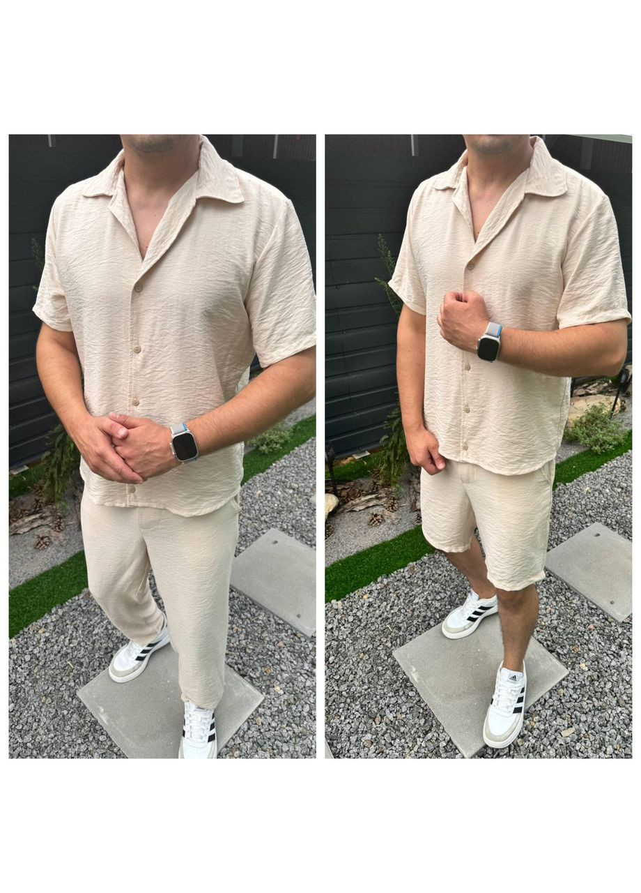 Бежевий літній чоловічий лляний костюм з шортами, з сорочкою, трійка, брючний FINO Mode