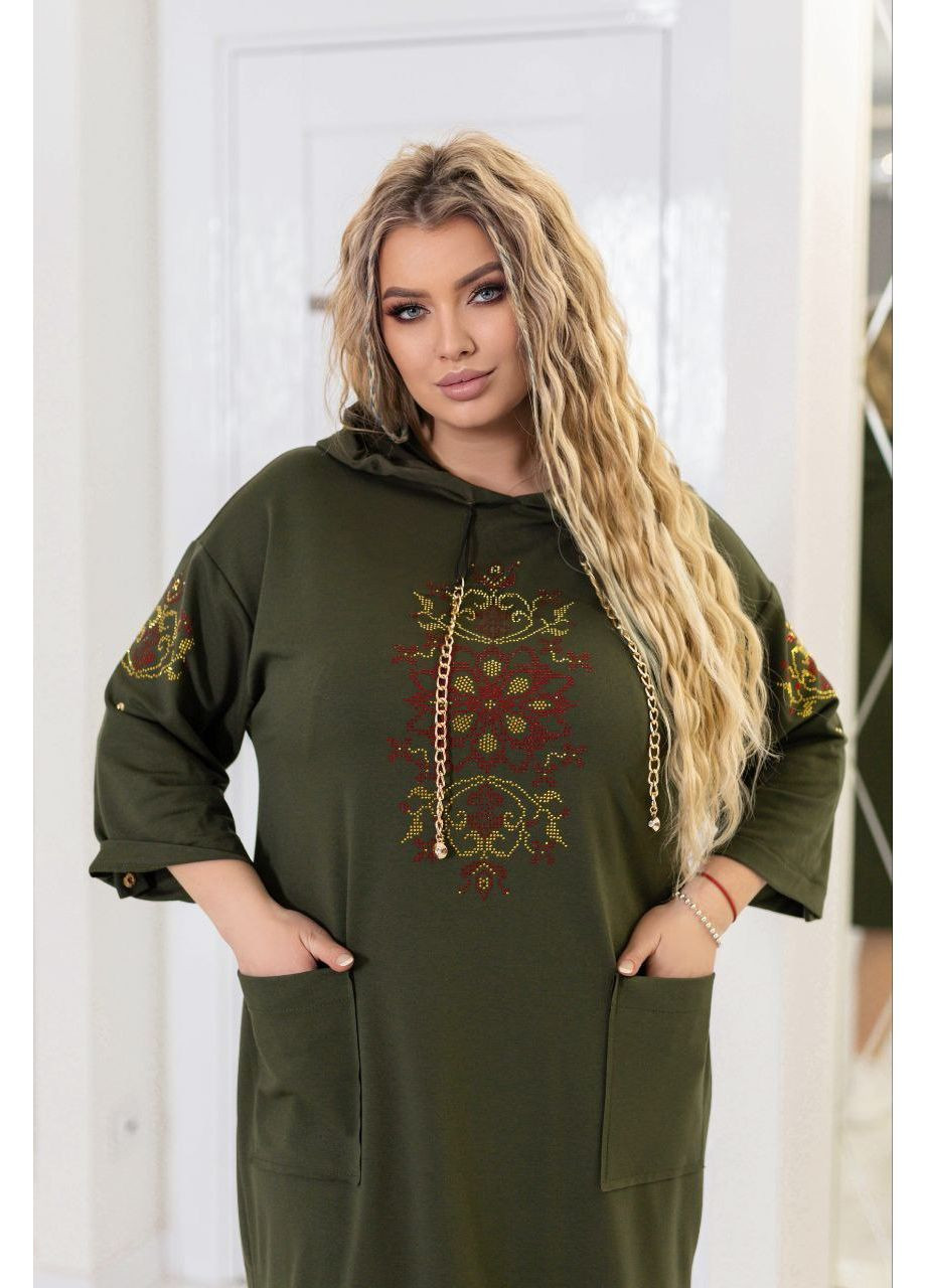 Оливкова (хакі) повсякденний жіноча сукня-худі з капюшоном та стразами No Brand