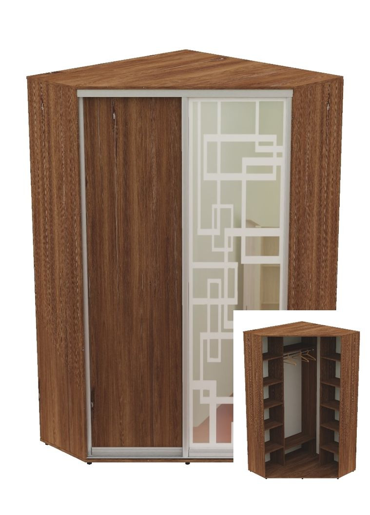 Шкаф-купе двухдверный угловой 120*120*250 Дуб винтаж ДСП/Зеркало с пескоструйным рисунком Угол-2 Алекса (360463583)
