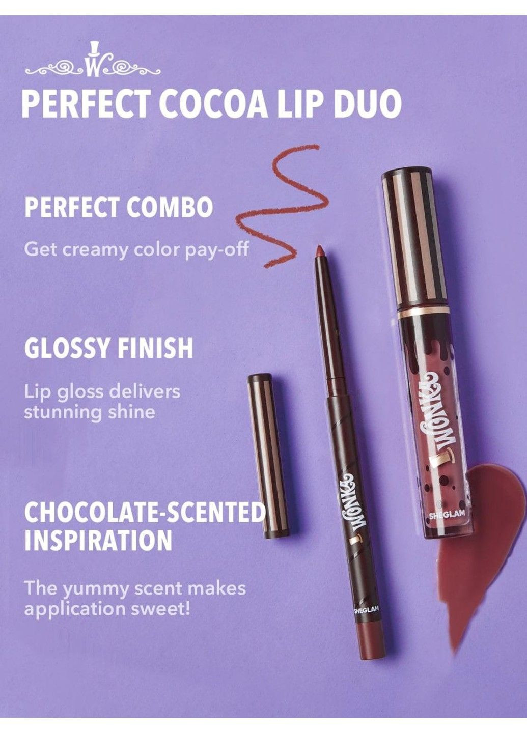 Набір для губ (блиск+ олівець для губ) Willy Wonka Cocoa Kiss Lip Duo 2.7мл+0.25г Brownie Bite Sheglam (317318526)