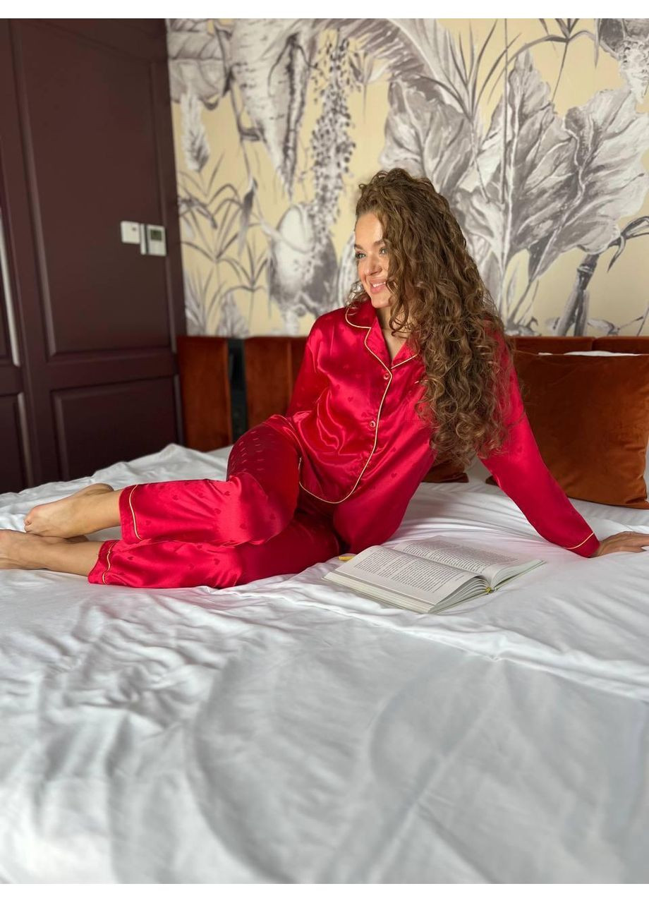 Красная женская шелковая пижама красного цвета с кантом / женская пижама сатиновая красная с пуговицами / элегантная женская пижама No Brand