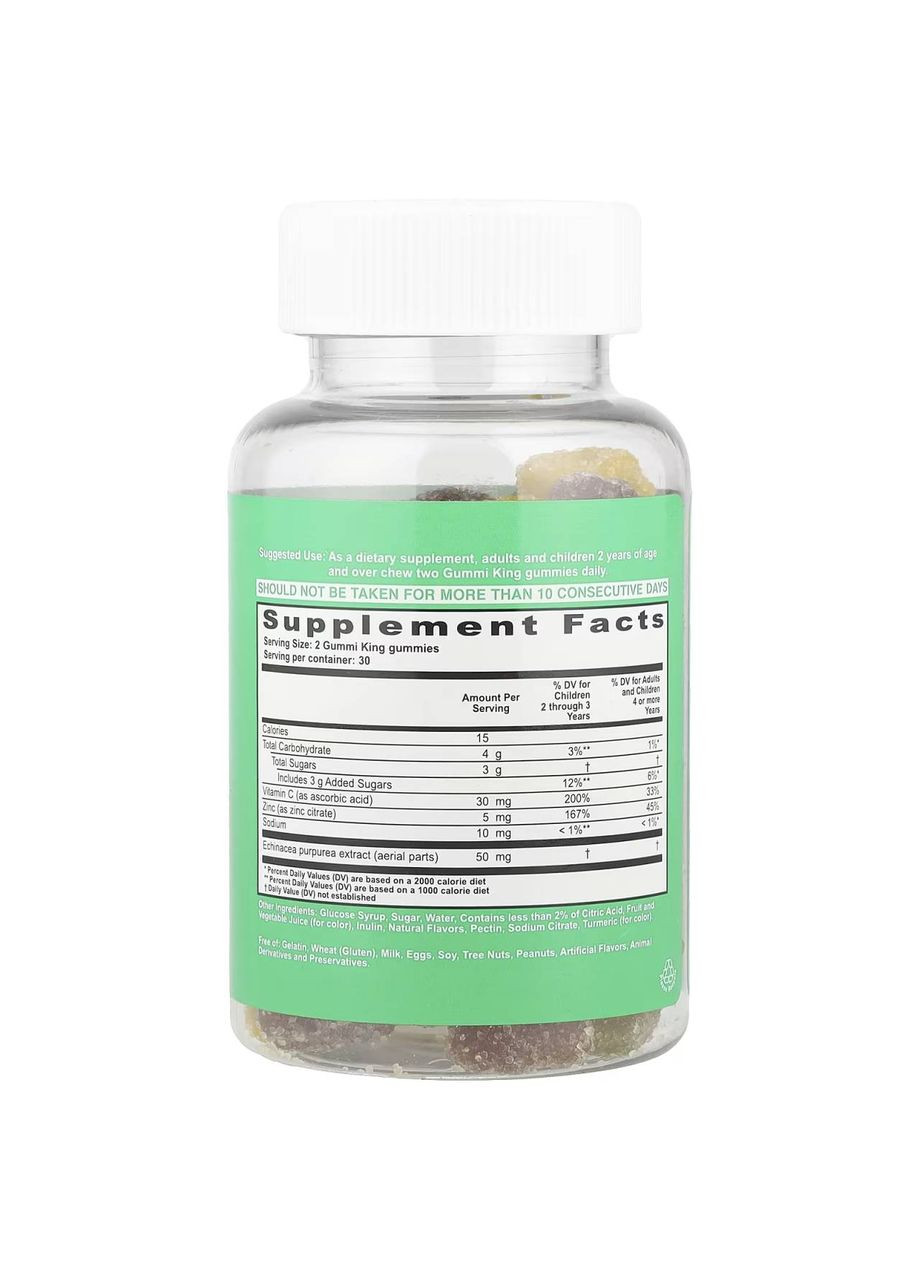 Эхинацея, витамин C и цинк для детей, вкус клубники, апельсина, лимона, винограда, вишни и грейпфрута, 60 жевательных таблеток Gummi King (370135411)