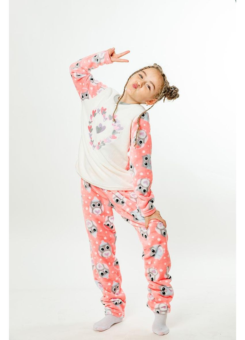 Рожева всесезон дитяча піжама для дівчинки велсофт рожева з совеням 🦉 затишнй костюм для дому кофта та штани кофта + брюки V&V