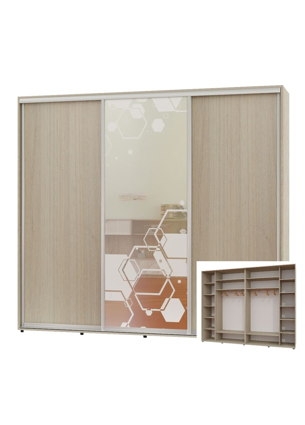 Шкаф-купе трехдверный 280*60*240 Дуб Шамони светлый 2 ДСП/Зеркало с пескоструйным рисунком Люкс-149 Алекса (360476919)