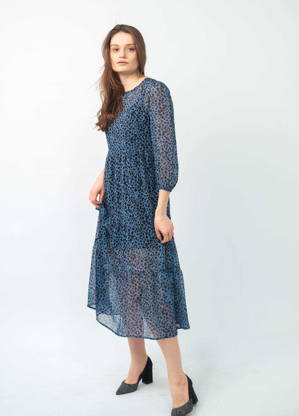 Синее повседневный, кэжуал платье миди колокол BeART с животным (анималистичным) принтом