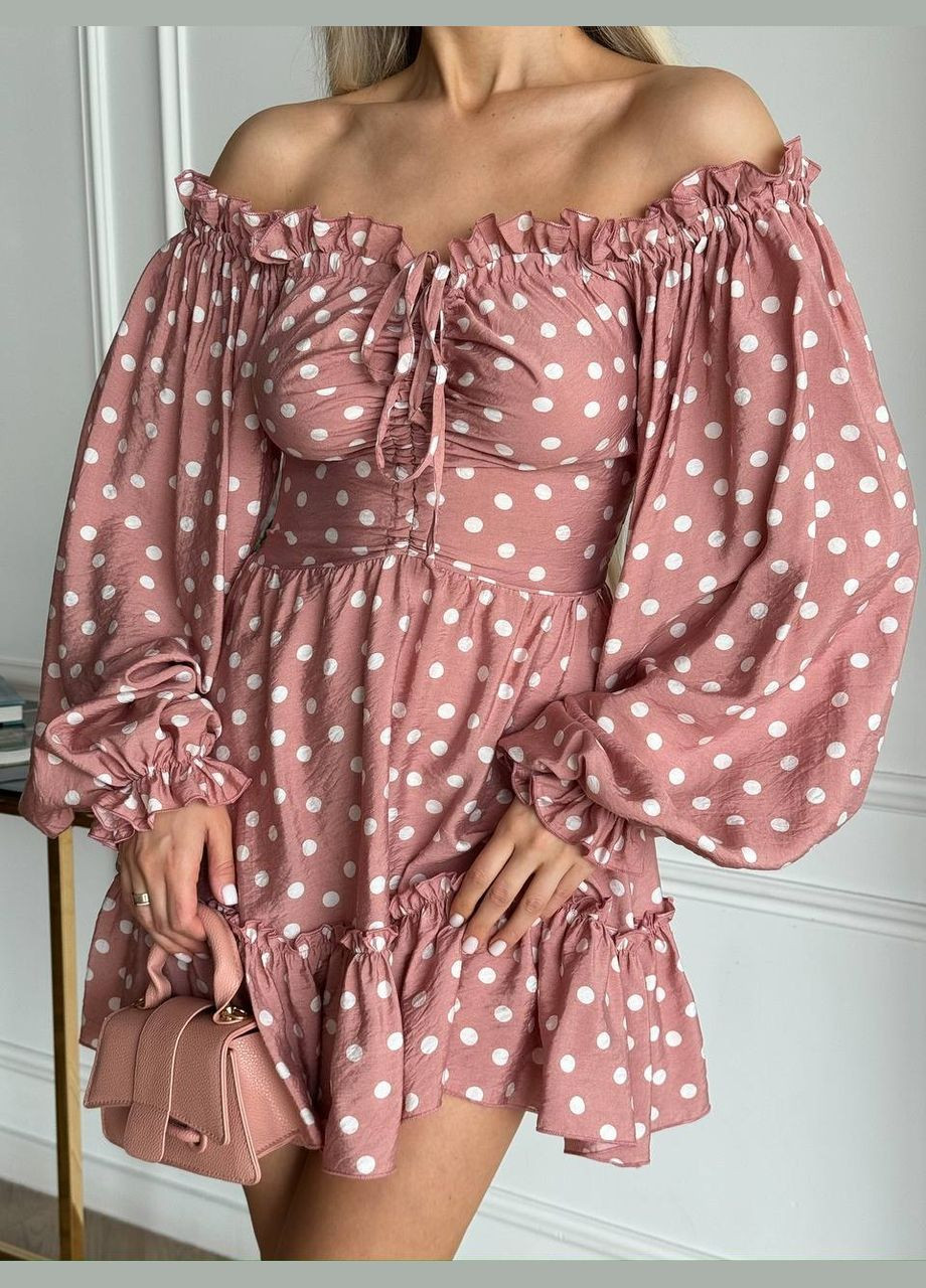 Пудровое праздничный, коктейльное, пляжное, повседневный, кэжуал легкое стильное мини платье Vakko в горошек