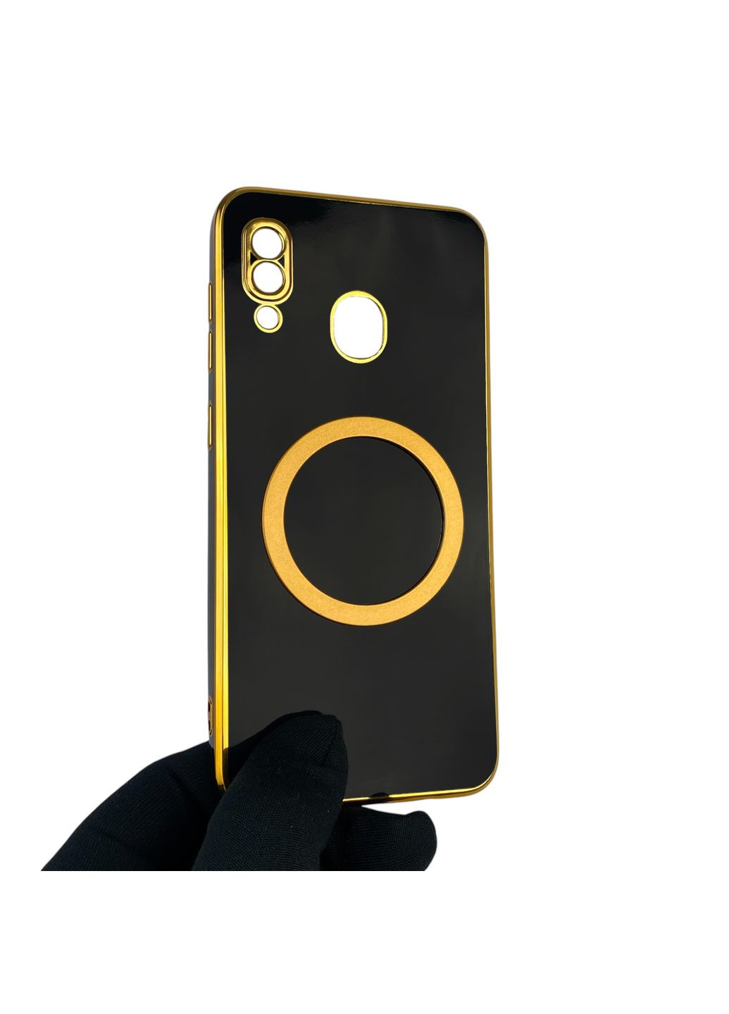 Чехол для Galaxy A30 SM-A305F с кольцом MagSafe с золотой окантовкой на самсунг а30 черный gs1 Samsung (366231971)