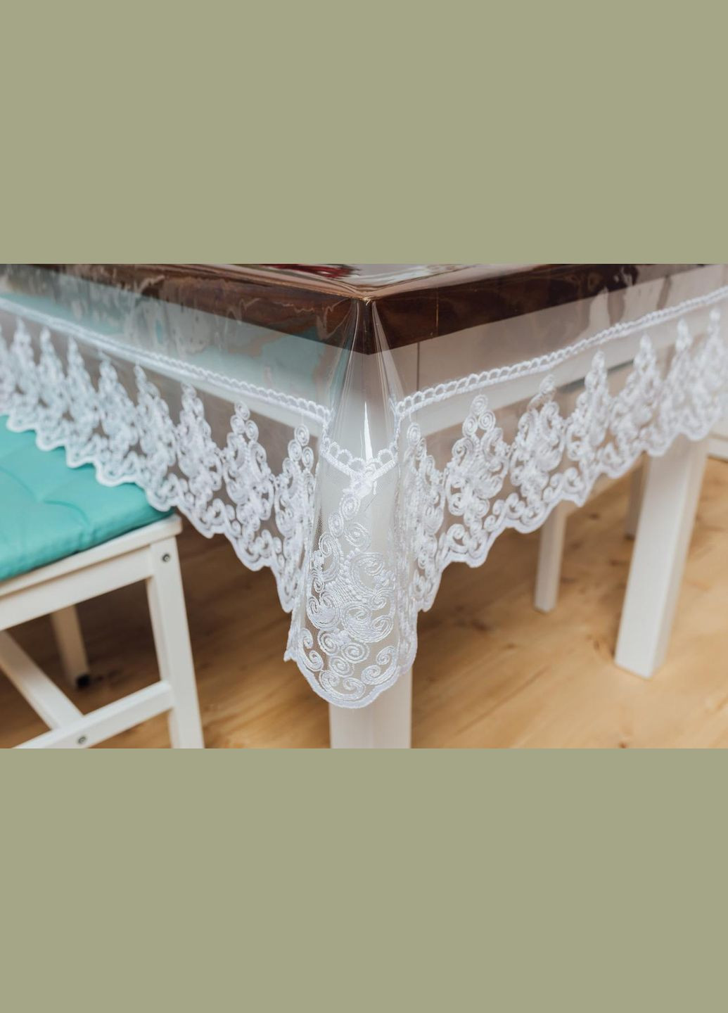 Силіконова Кругла Скатертина Біле Широке Мереживо 140*80 см Royal House (315144301)