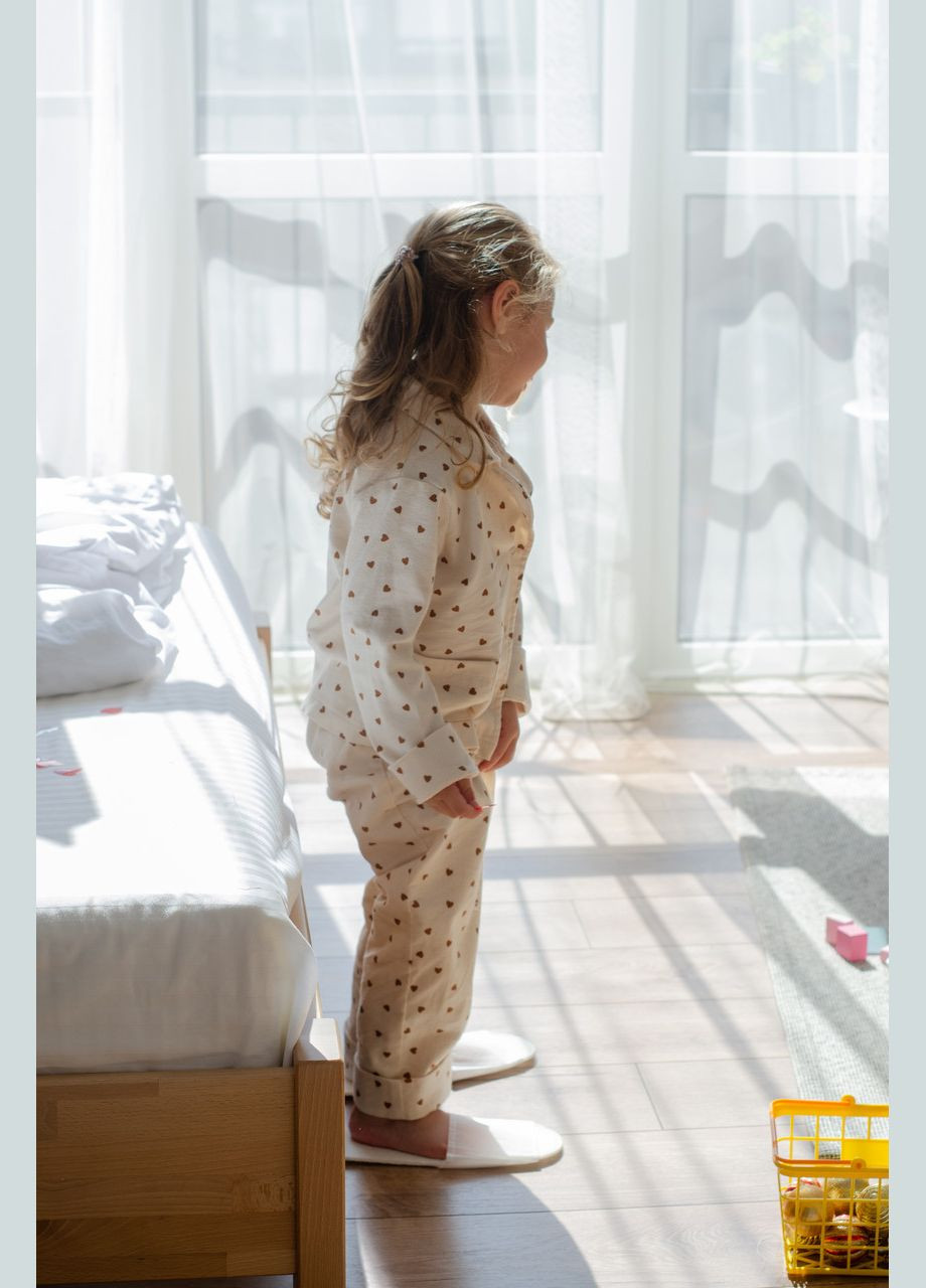 Бежева зимня дитяча фланелева піжама з шоколадними сердечками,сорочка і штани PAPLYK