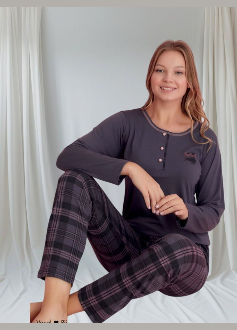 Серая женская пижама, домашний костюм брюки и кофта длинный рукав зеленая Lana