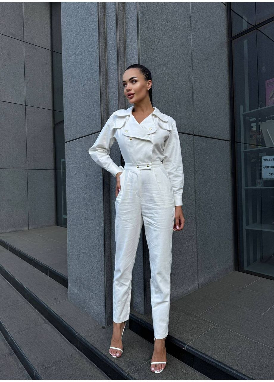 Роскошный комбинезон🌹 Україна комбинезон-брюки однотонный молочный праздничный, деловой, повседневный, кэжуал джинс