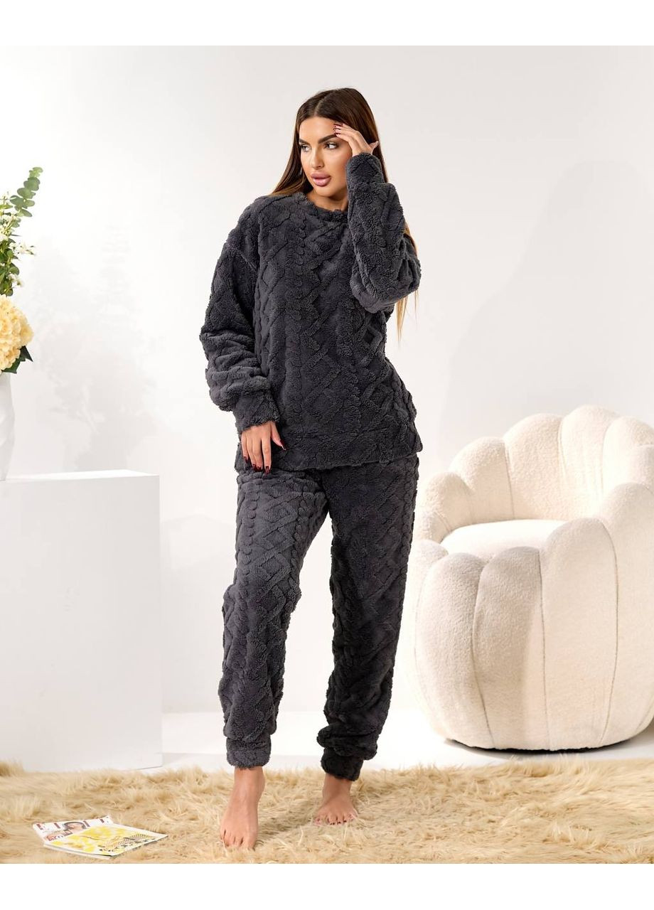 Серая зимняя женский домашний махровый костюм Fashion