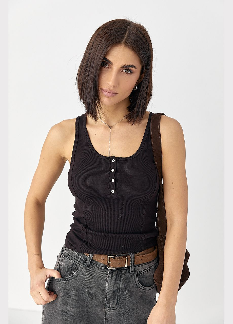 Приталенная майка в рубчик с декоративными швами - синий цвет Lurex — 324392796