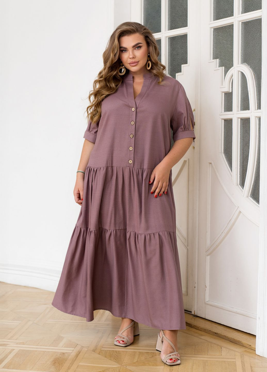Розово-лиловое повседневный, кэжуал платье летнее макси из льна с короткими рукавами и воланом а-силуэт клеш, а-силуэт, оверсайз, рубашка No Brand однотонное
