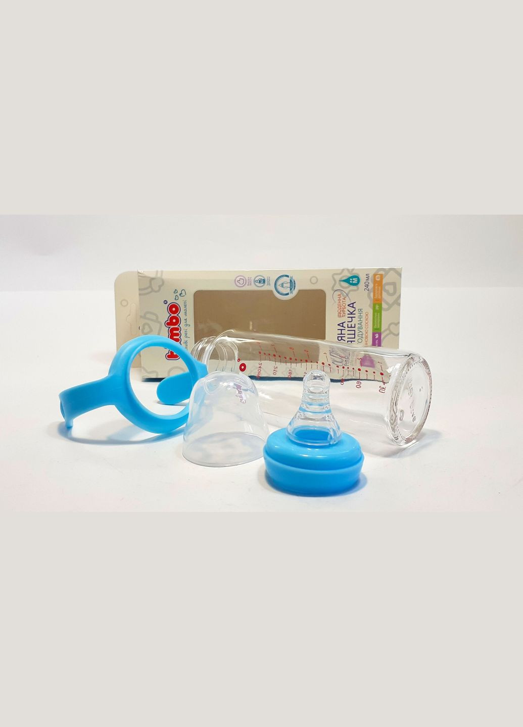 Бутылочка для кормления стеклянная, с ручкой и соской, жаростойкая, 240мл,, голубая Bimbo (316319028)