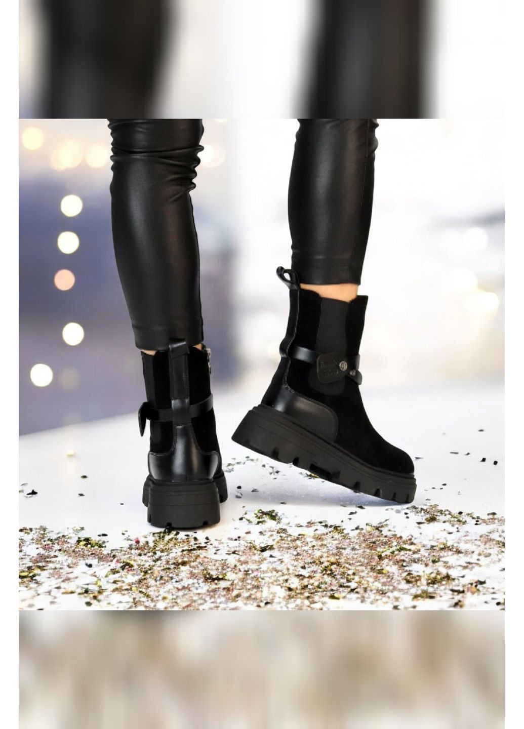 Жіночі зимові черевики чорні челсі еко замша хутро Purlina Черевики (371897584)
