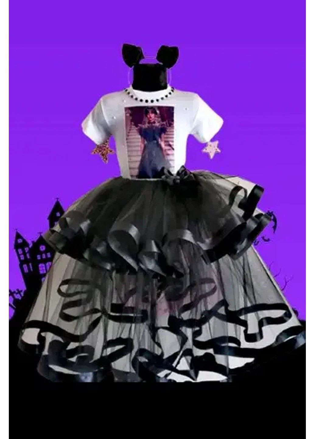 Белый праздничный костюм для девочки "уэнздей" - футболка, юбка, обруч юбочный No Brand