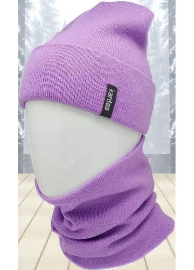 Жіночий зимовий комплект шапка з відворотом + баф-снуд фіолетовий, теплий, стильний, акрил/шерсть, One Size No Brand (363052189)
