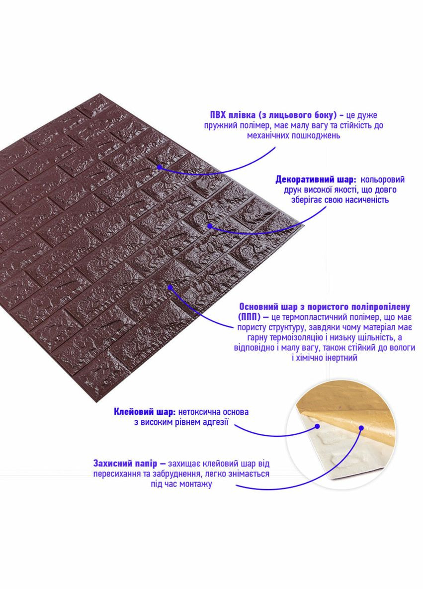 3D панель самоклеюча цегла баклажанкава 700х770х7мм (018-7) SW-00000045 Sticker Wall (292564573)