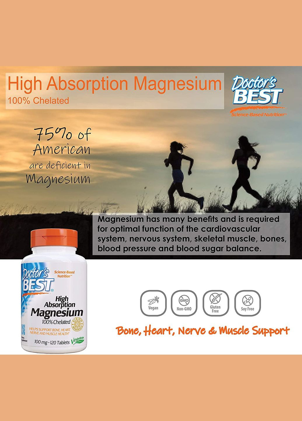 Харчова добавка Magnesium 100% Chelated (100 мг 120 таблеток) Doctor's Best (278773655)