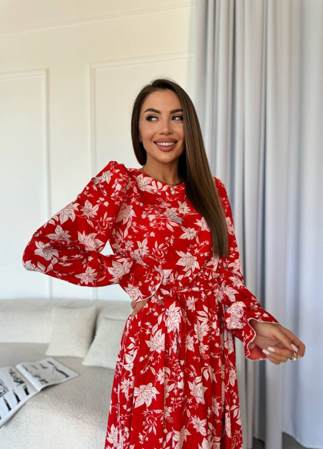 Червона повсякденний, святковий, вечірня трендова міді сукня з довгим рукавом та воланом кльош Allthings з квітковим принтом