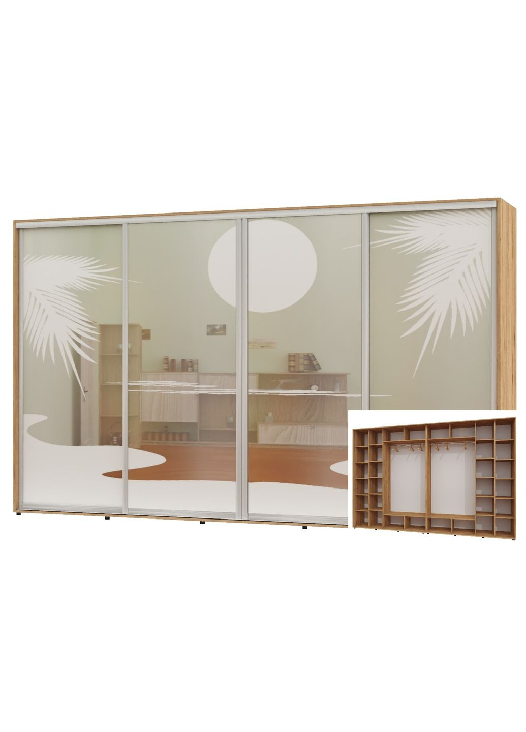 Шафа-купе чотиридверна 420*60*250 Дуб крафт золотий Дзеркало з піскострумним малюнком Алекса (360434048)