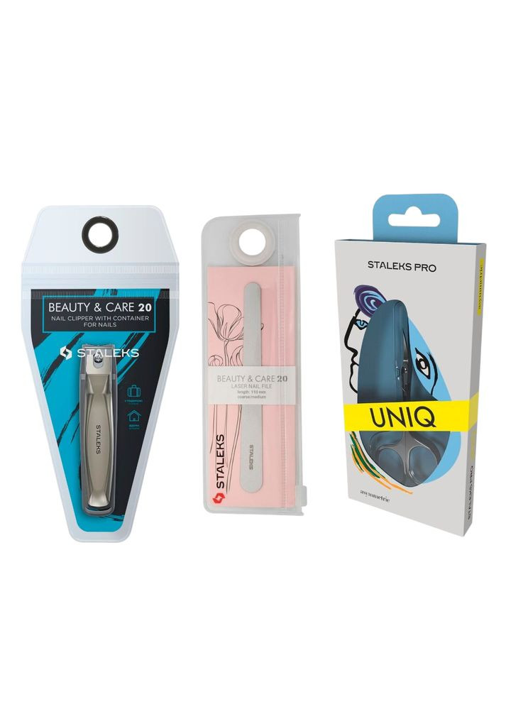 Комплект для Чистого Манікюру: Гігієнічний Кніпсер з Пилочкою та Професійні Ножиці UNIQ з Асиметричними Кільцями Staleks (365549329)
