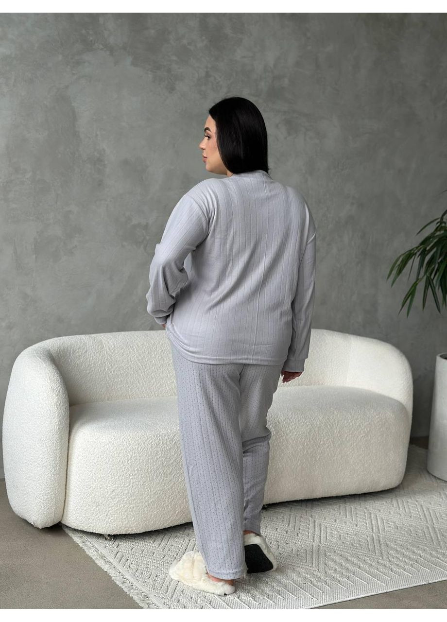 Серая женская пижама plus size серая, трикотажная, принт love / домашний комплект больших размеров, кофта + брюки / пижама женская No Brand