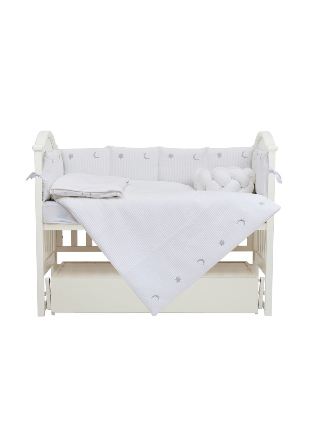 Постельный комплект в детскую кроватку 7 эл Cotton с вышивкой белый/серебряный Twins (372852080)