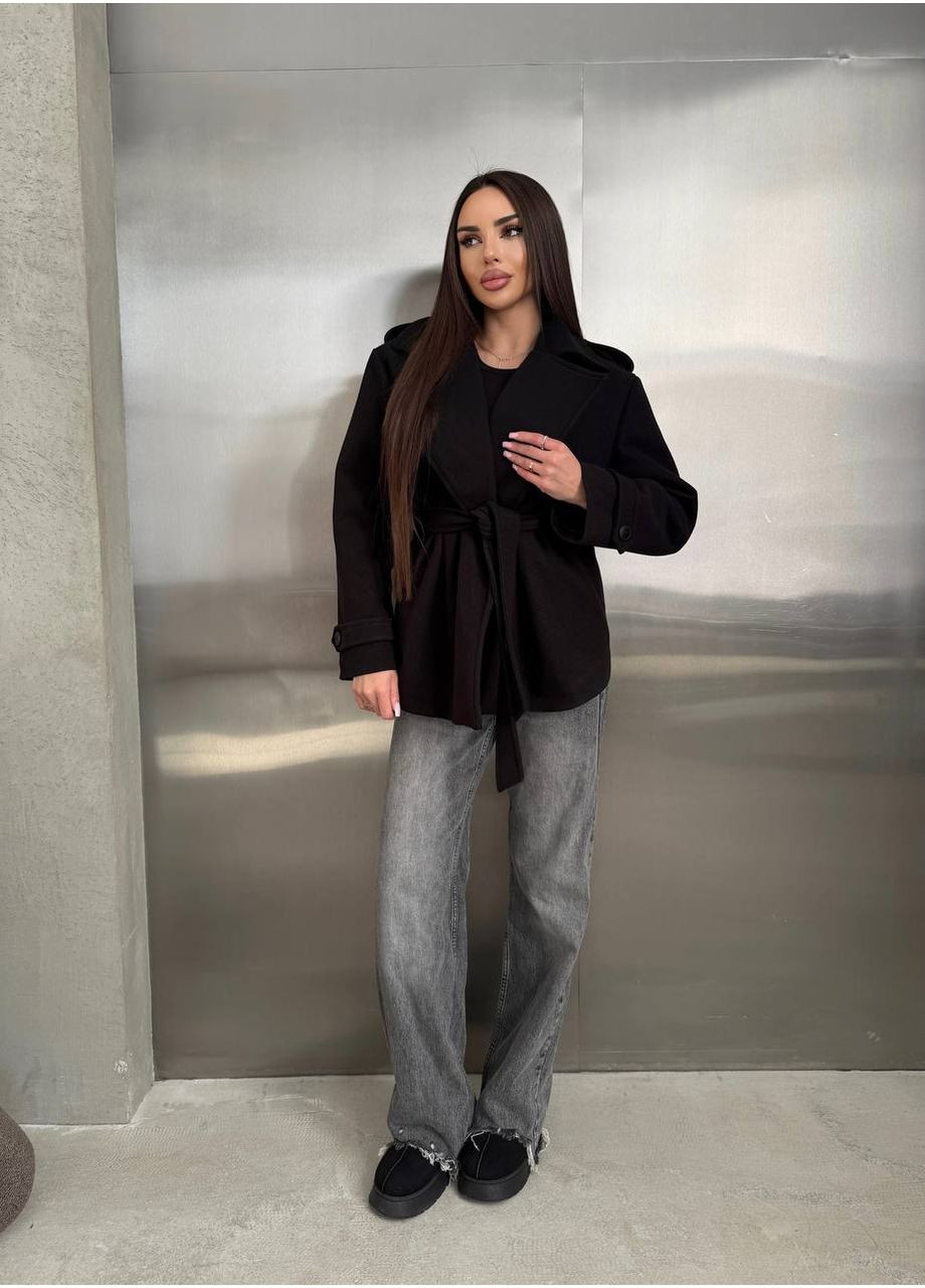 Чорне демісезонне Утеплене кашемірове пальто на запах з відкладним коміром та кишенями — ЗАМІР В ОПИСІ Vione