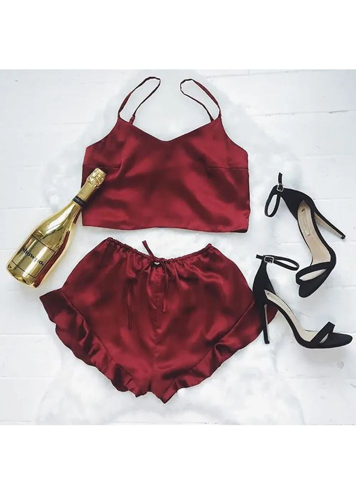 Красная женская атласная пижама двойка с шортами и майкой однотонная. China