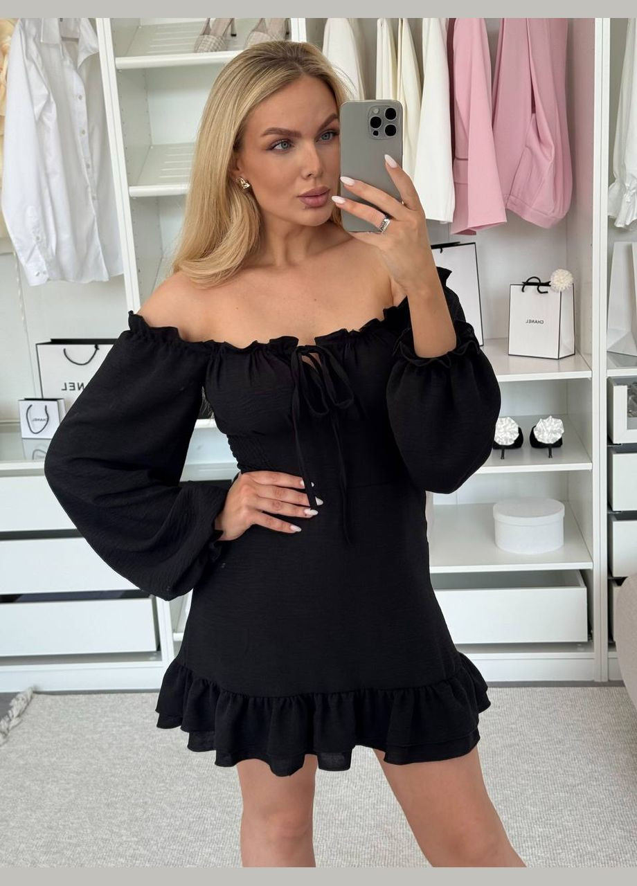 Чорна святковий, коктейльна, пляжна, повсякденний, кежуал, вечірня сукня з воланами на плечі з жатки Vakko однотонна