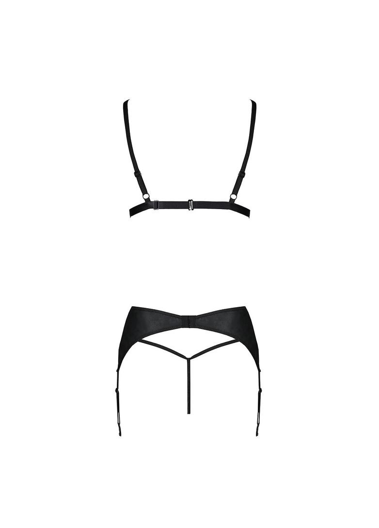 Чорний демісезонний комплект з екошкіри miley set s/m, black, трусики, бюстгальтер, пояс для панчіх Passion