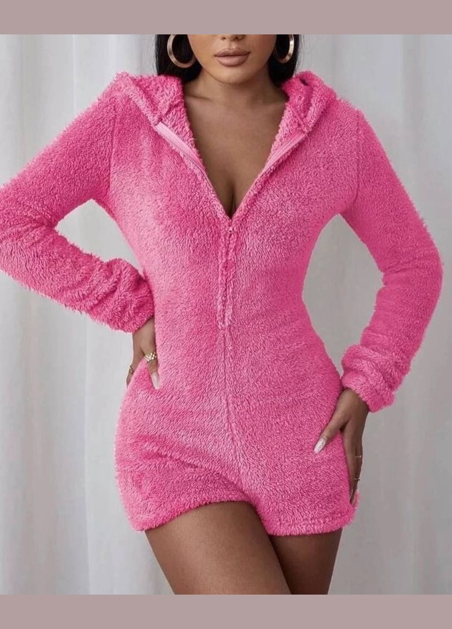 Рожева зимня тепла жіноча піжама комбінезон з махри чорна комбінезон No Brand