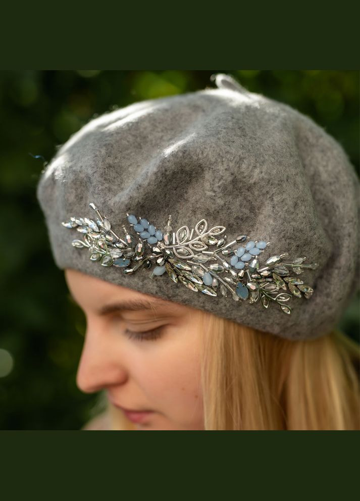 Берет сірий зі 100% вовни, вишивка ручної роботи, берет осінь-зима сірого кольору Ksenija Vitali (306559658)