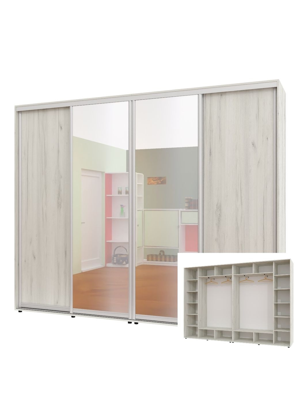 Шкаф-купе четырехдверный 290*45*250 см Дуб крафт белый 4 двери ДСП + Зеркало + Зеркало + ДСП ШК-02 Алекса (360458081)