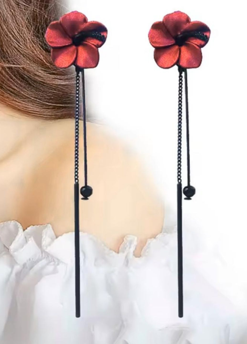 Серьги гвоздики женские с красным цветком и подвесками Fashion Jewelry (353827770)