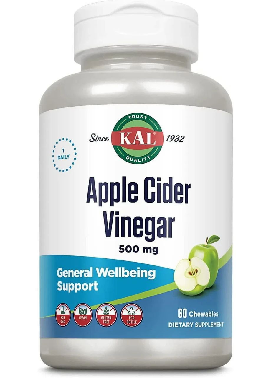 Яблочный уксус 500 мг Apple Cider Vinegar, вкус зеленого яблока, 60 жевательных таблеток KAL (363968344)