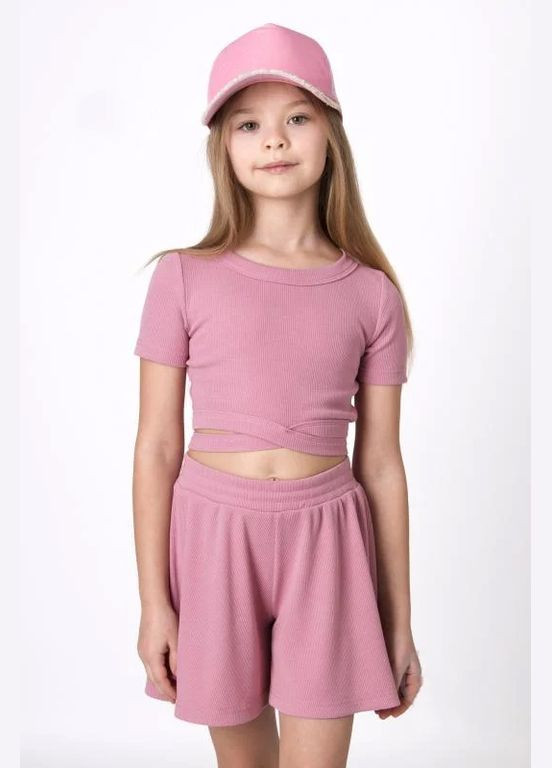 Розовый летний костюм топ и шорты в рубчик Mevis