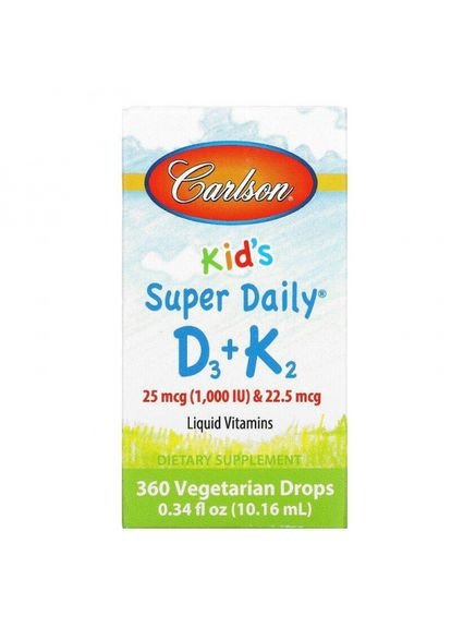 Вітамін D3 і вітамін К2, для дітей, Super Daily D3 + K2,, рідина, 1000 МЕ і 22,5 мкг, 10,16 мл (CAR-10530) Carlson Labs (266799359)