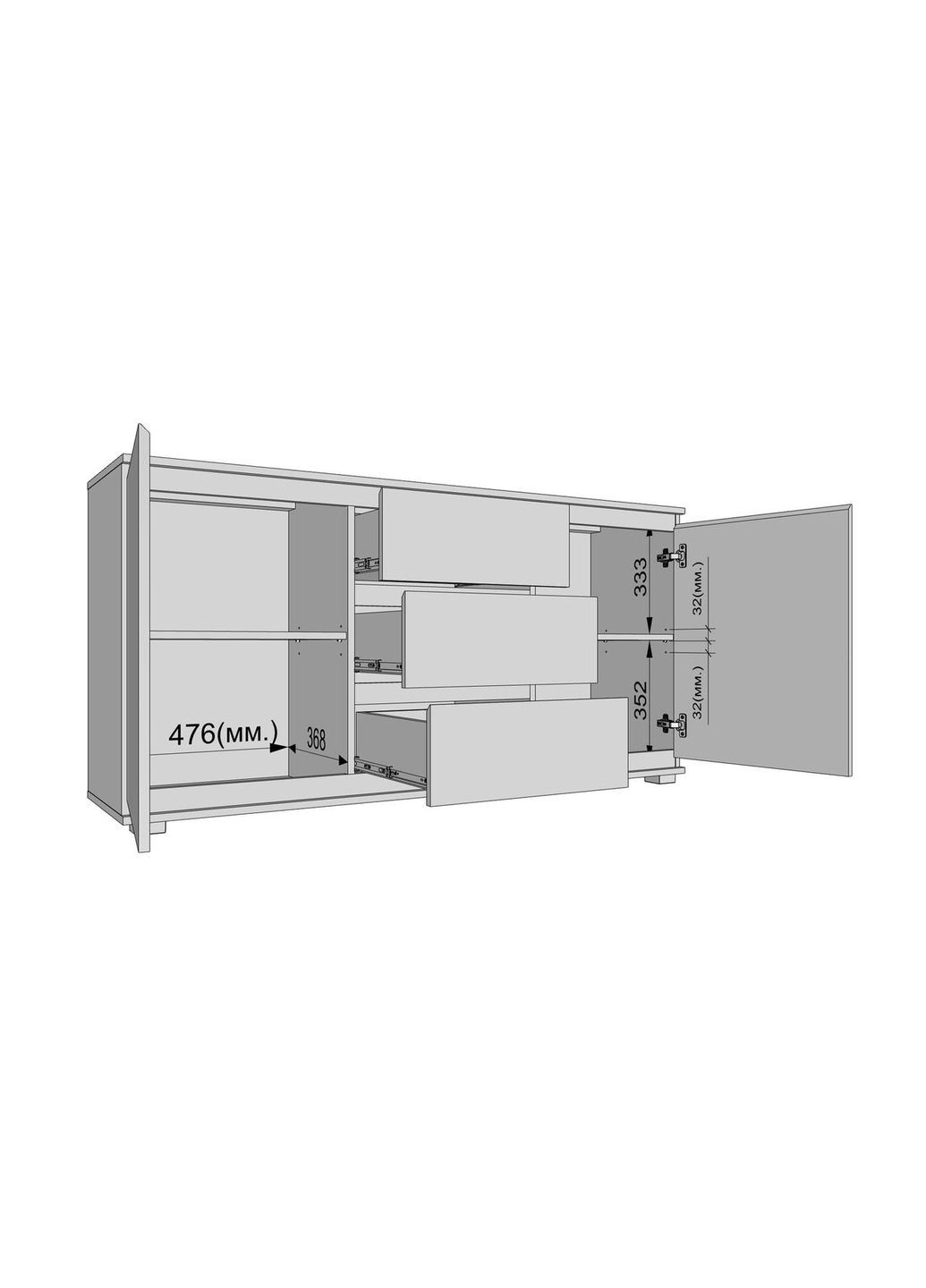 Комод под ТВ, на 3 выдвижных ящика и 2 двери с полками, без ручек B-003 No Brand (371910855)