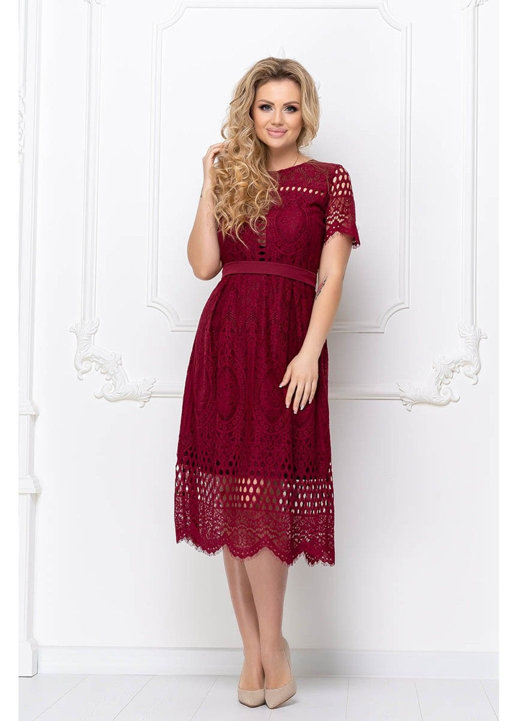 Бордова коктейльна сукня мереживний гіпюр 20053 бордо Tanita-Romario