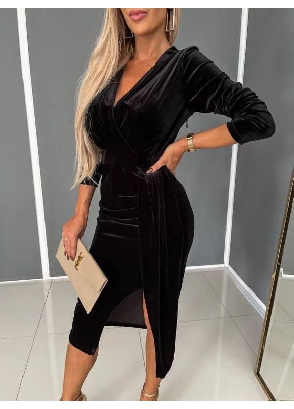 Черное повседневный, вечернее, деловое, кэжуал женское платье на запах FINO Mode однотонное