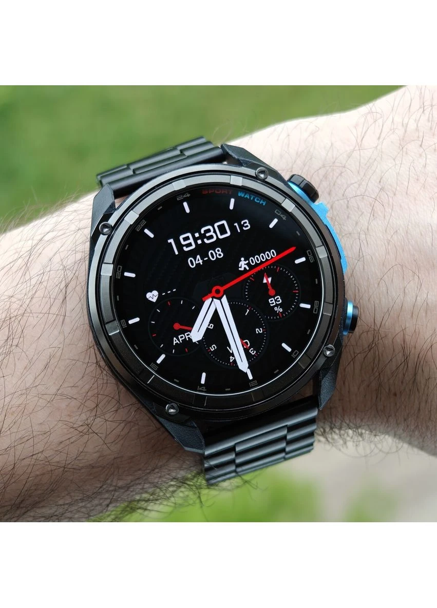 Мужские смартчасы стальные черные каучуковый ремешок GPS AMOLED Seli UWatch (394380025)