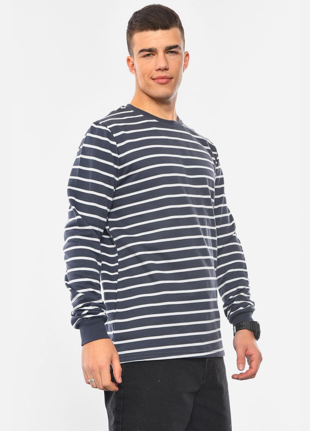 Темно-синий свитшот мужской полубатальный на флисе темно-синего цвета Let's Shop полоска без декора (306614421)