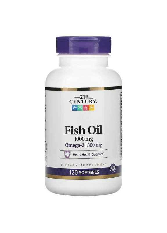 Рыбий жир 1000 мг Fish Oil Omega-3 300 мг поддержка здоровья сердца 120 мягких желатиновых капсул 21st Century (263603570)