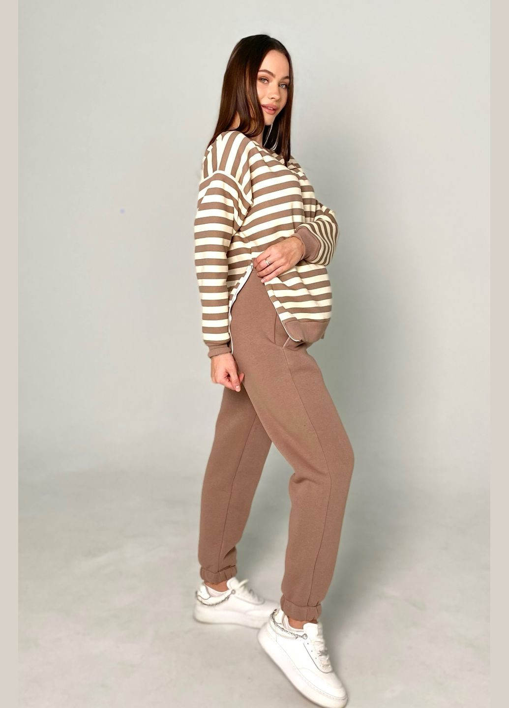 Бежевый спортивный костюм для беременных и кормящих 3-х нить, флис Dianora (317458382)