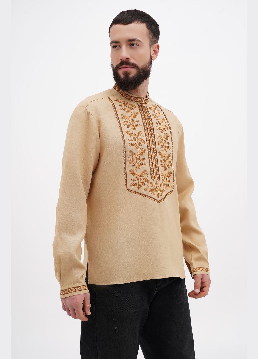 Пісочна лляна чоловіча вишиванка з дубовим листям та комірцем-стійкою славко., р., код 9424/60/883 ГАЛЕРЕЯ ЛЬОНУ льон (333164728)